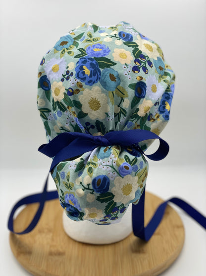 Blue and navy floral scrub cap, vintage garden floral women’s scrub cap, Bonnet Head Designs