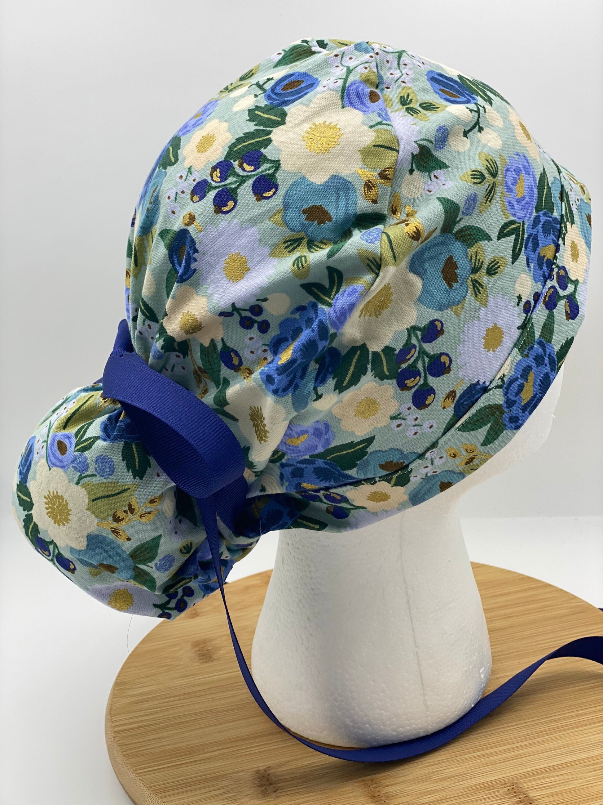 Blue and navy floral scrub cap, vintage garden floral women’s scrub cap, Bonnet Head Designs