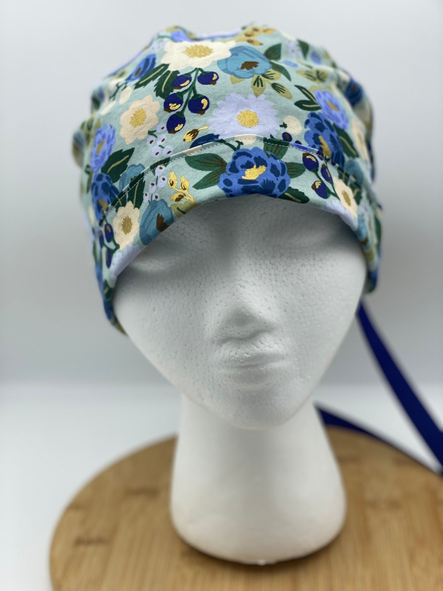 Blue and navy floral scrub cap, vintage garden floral women’s scrub cap, Bonnet Head Designs