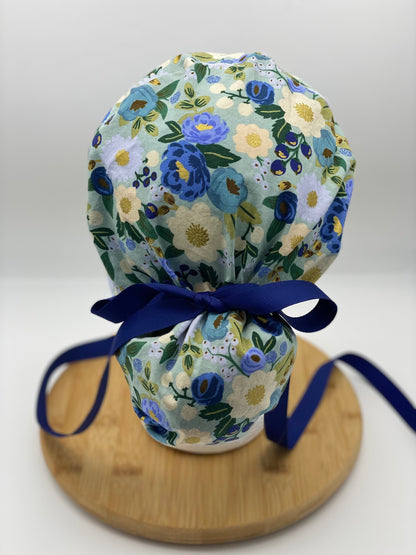 Blue and navy floral scrub cap, vintage garden floral women’s scrub cap, Bonnet Head Designs