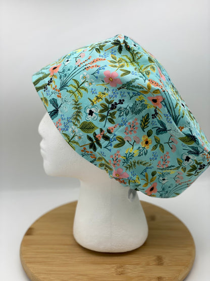 Teal amalfi euro style scrub cap, herb garden euro scrub cap, teal floral scrub cap euro, Bonnet Head Designs