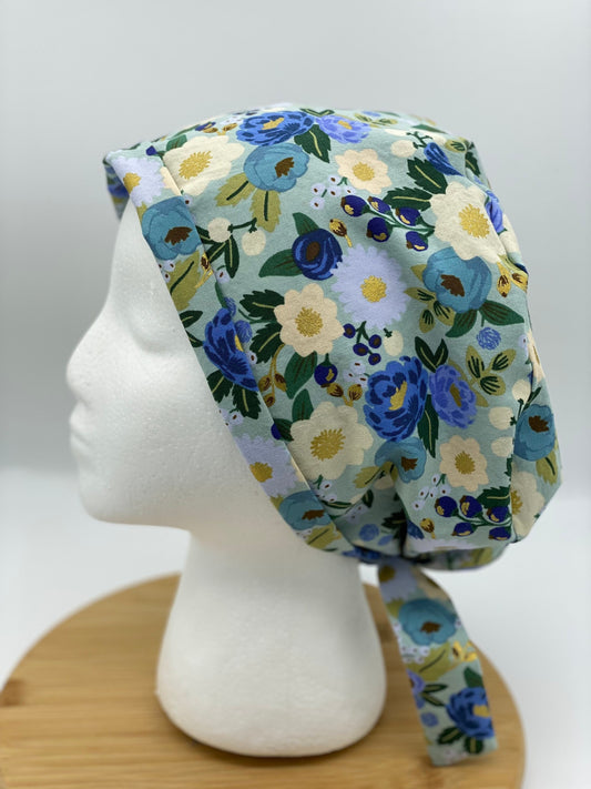 Rifle Paper Co vintage blossoms tie back scrub hat, modern blue floral scrub cap, tie-back scrub hat, Bonnet Head Designs