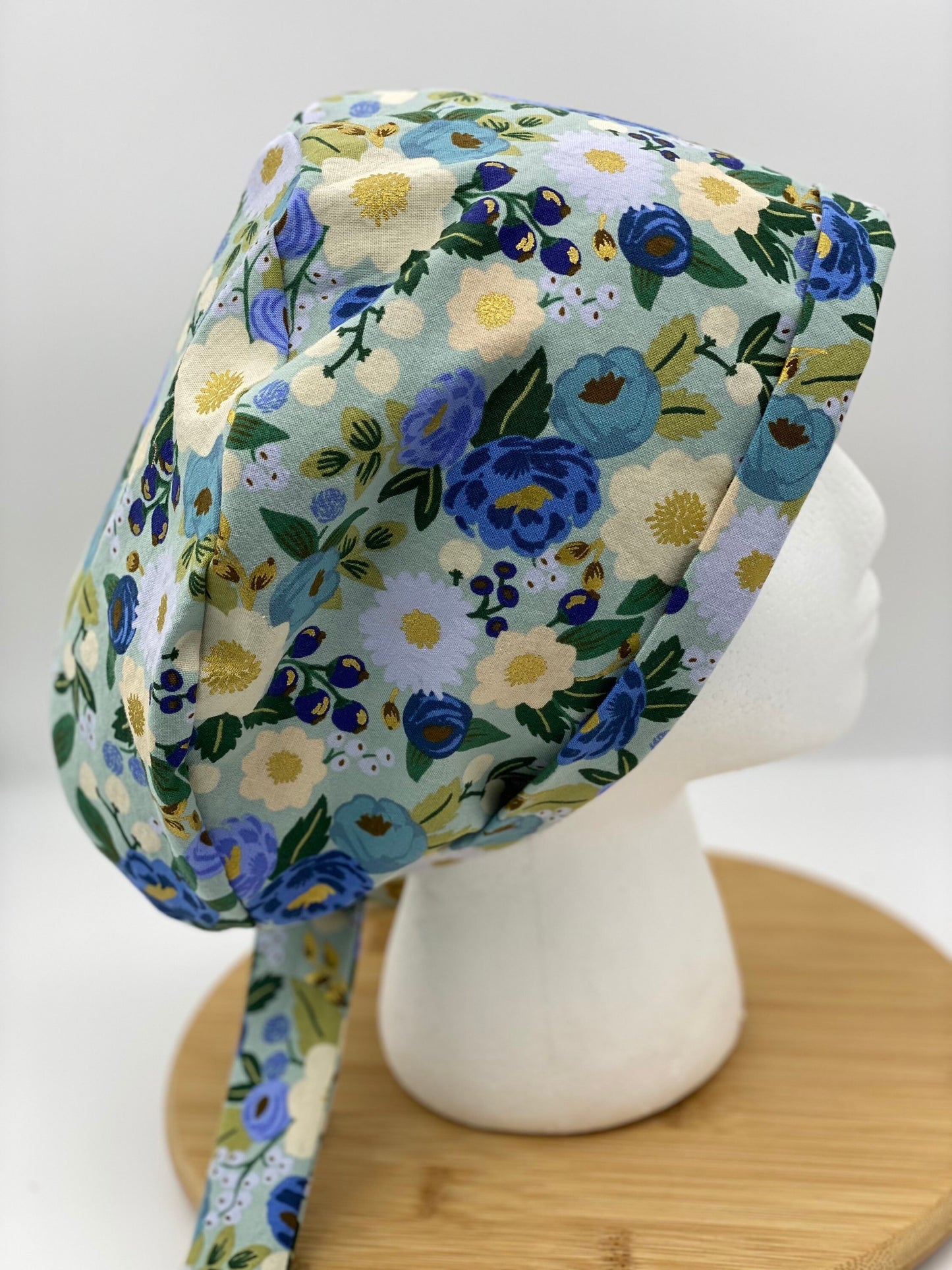 Rifle Paper Co vintage blossoms tie back scrub hat, modern blue floral scrub cap, tie-back scrub hat, Bonnet Head Designs