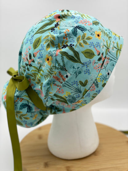 Rifle Paper Co fabric teal floral ponytail scrub hat, Amalfi herb garden scrub cap, Bonnet Head Designs