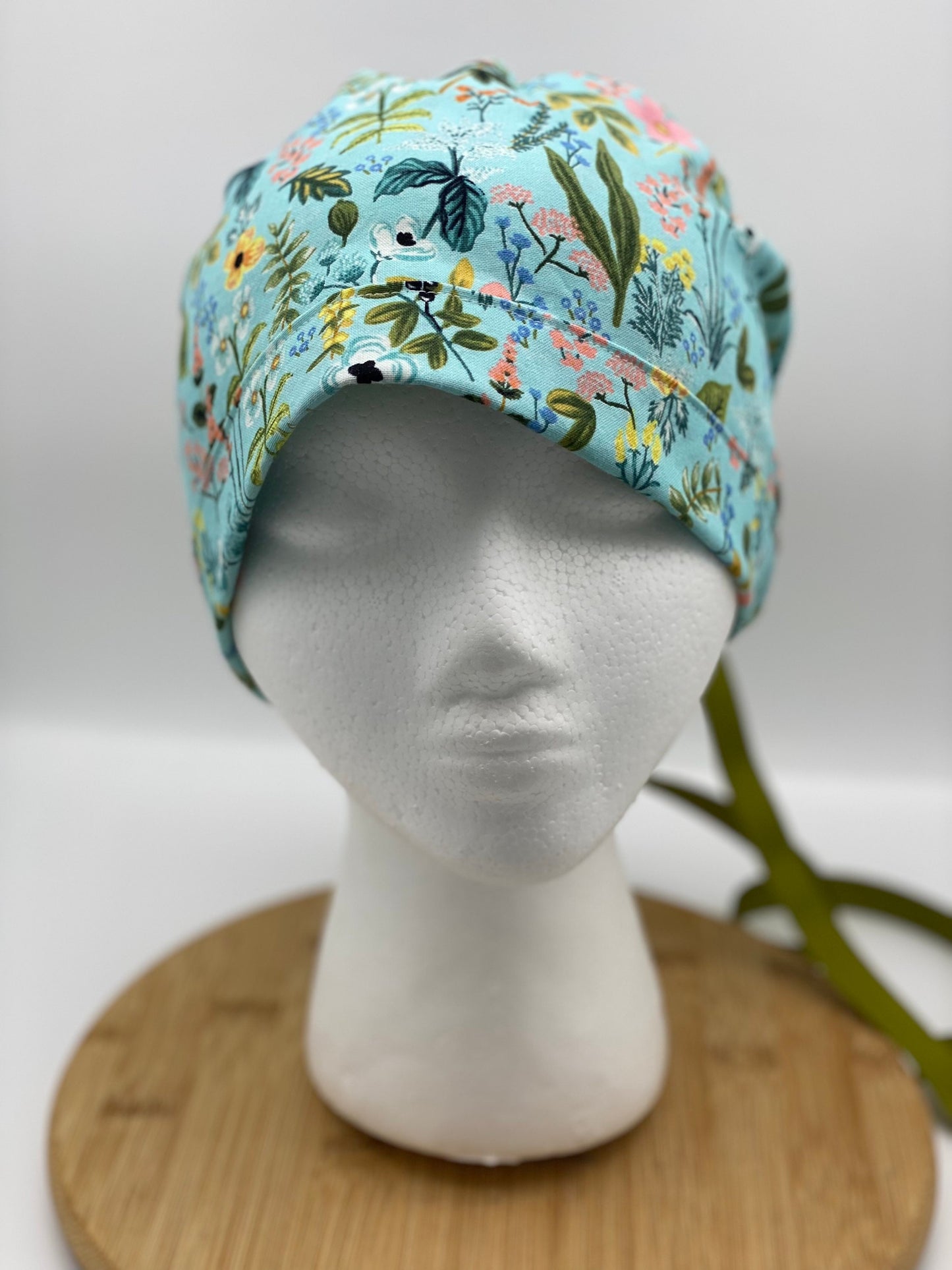 Rifle Paper Co fabric teal floral ponytail scrub hat, Amalfi herb garden scrub cap, Bonnet Head Designs