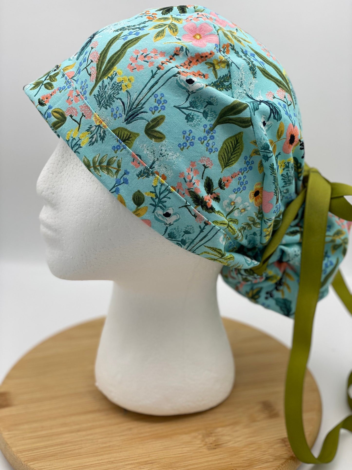 Rifle Paper Co fabric teal floral ponytail scrub hat, Amalfi herb garden scrub cap, Bonnet Head Designs