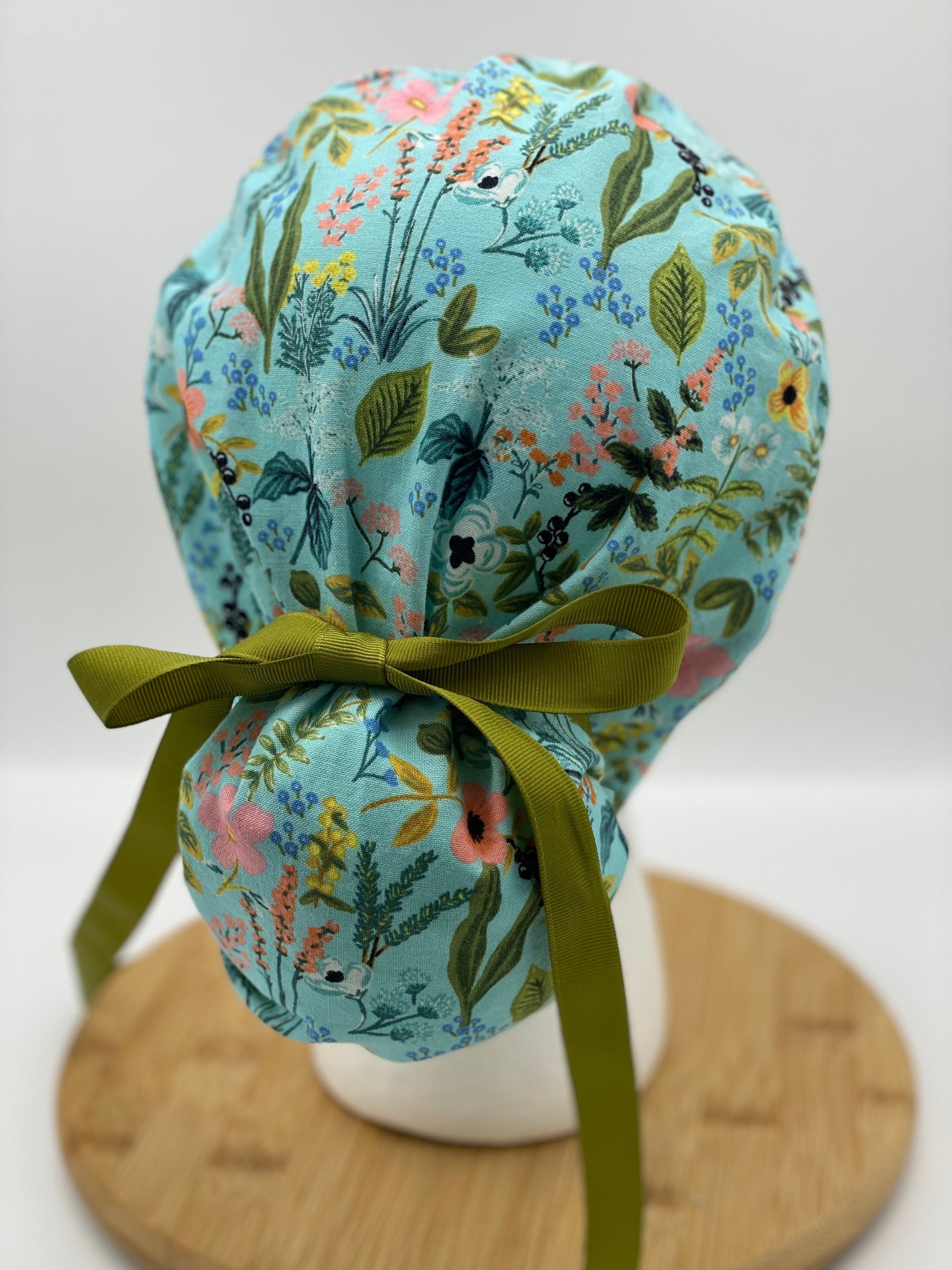 Rifle Paper Co fabric teal floral ponytail scrub hat, Amalfi herb garden scrub cap, Bonnet Head Designs