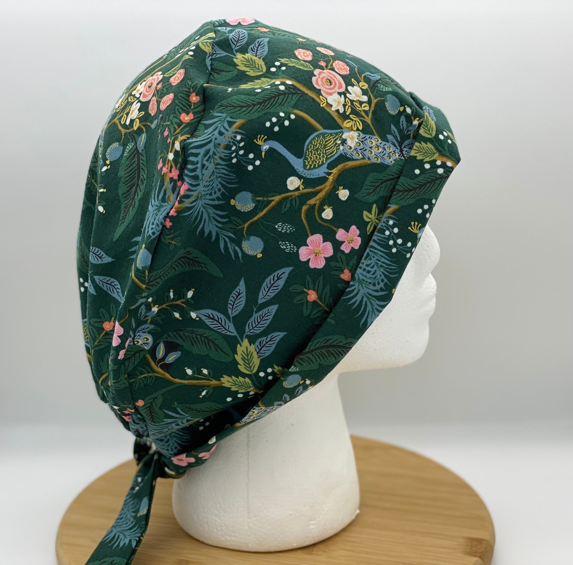 Peacock print tie back style scrub cap Rifle Paper Co vintage garden peacocks pixie scrub hat Bonnet Head Designs