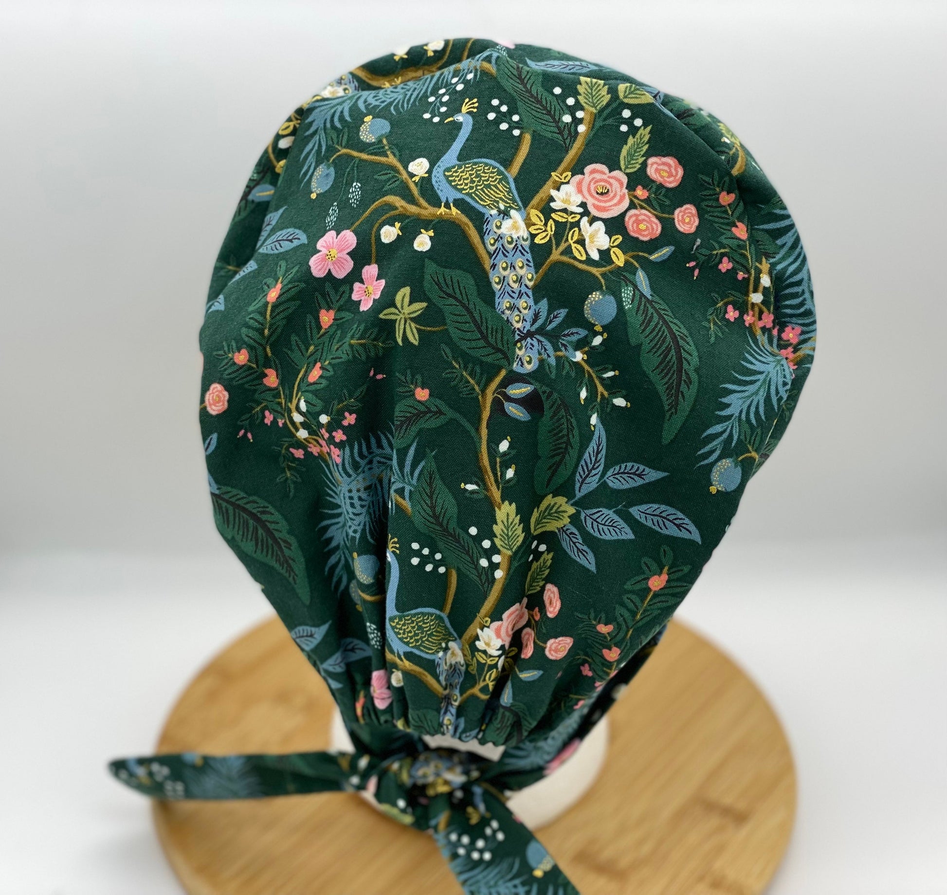 Peacock print tie back style scrub cap Rifle Paper Co vintage garden peacocks pixie scrub hat Bonnet Head Designs