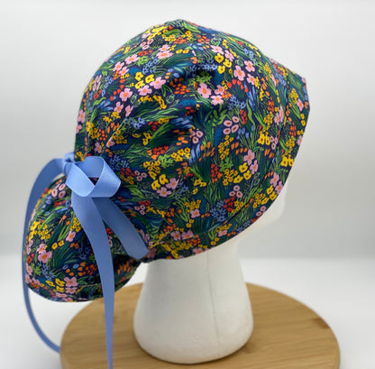 Navy floral meadow scrub cap, Bramble lea floral scrub cap, Navy floral scrub hat, Bonnet Head Designs