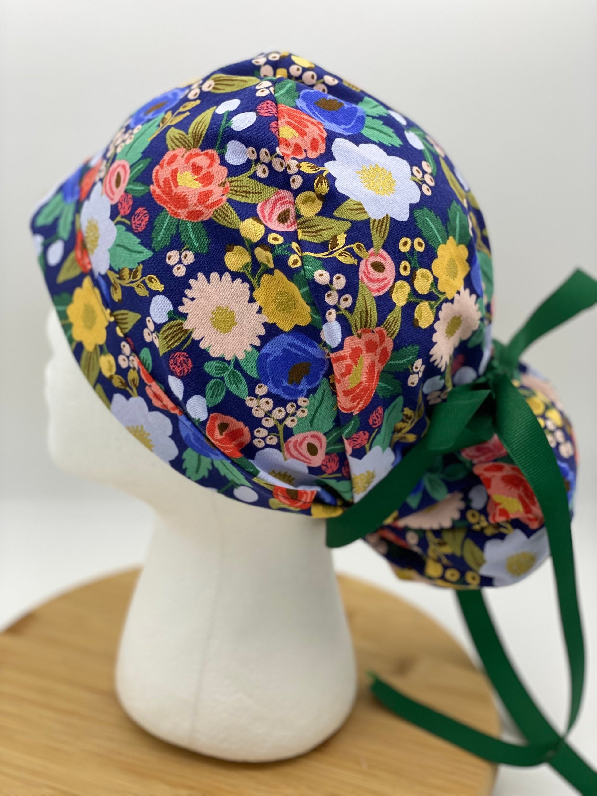 Rifle Paper fabric Navy vintage garden floral scrub cap, navy floral women’s scrub cap, Bonnet Head Designs