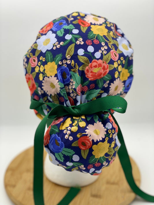 Rifle Paper fabric Navy vintage garden floral scrub cap, navy floral women’s scrub cap, Bonnet Head Designs