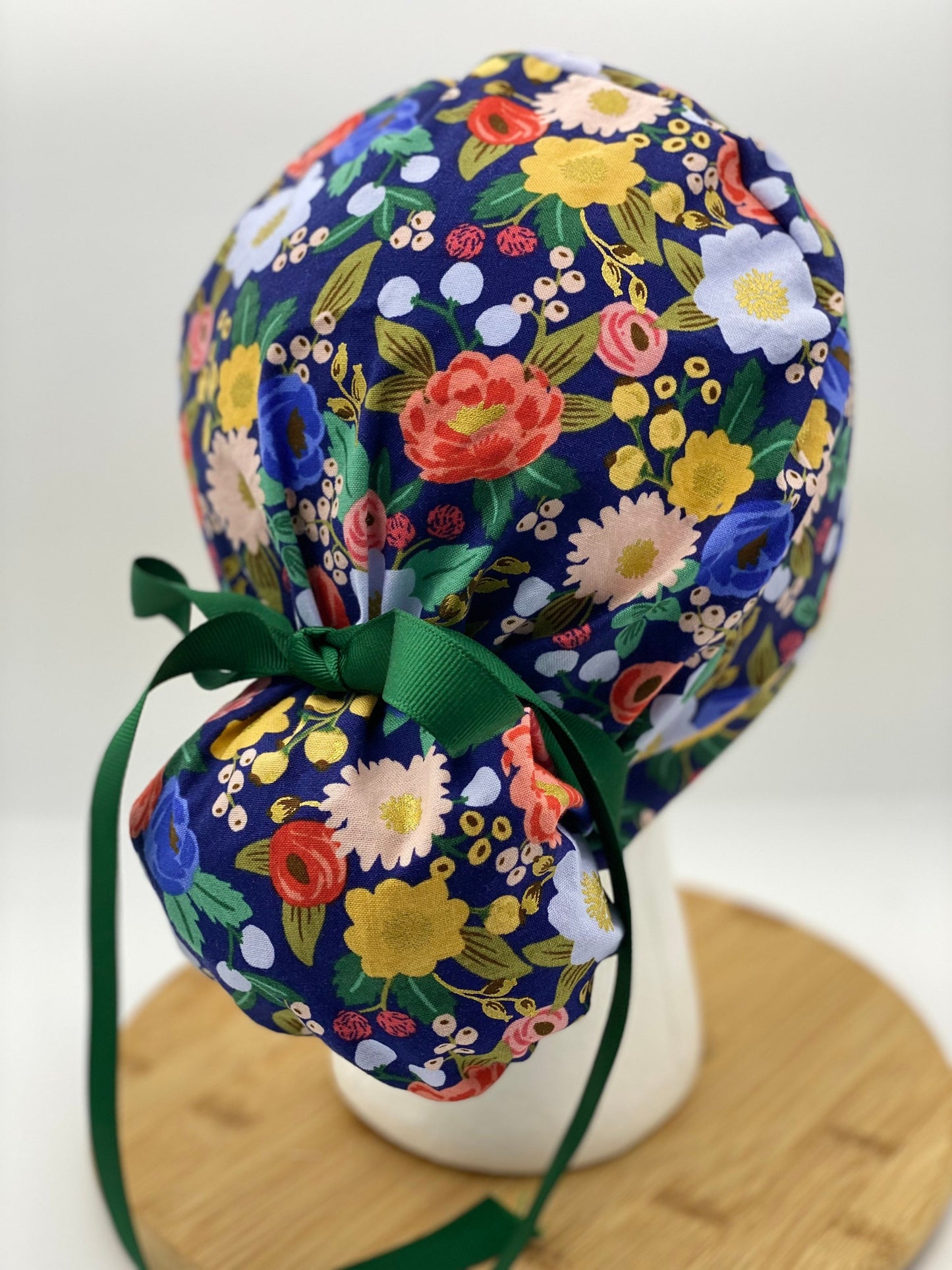 Rifle Paper fabric Navy vintage garden floral scrub cap, navy floral women’s scrub cap, Bonnet Head Designs