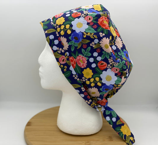 Navy blue vintage garden floral pixie scrub cap, navy floral women’s scrub cap, Bonnet Head Designs