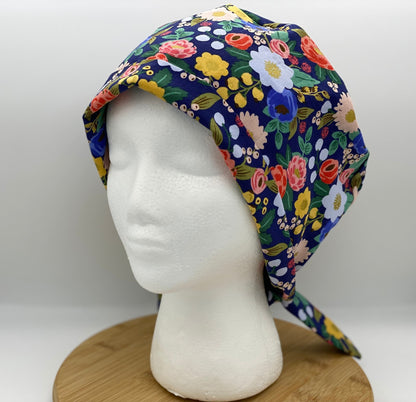 Navy blue vintage garden floral pixie scrub cap, navy floral women’s scrub cap, Bonnet Head Designs