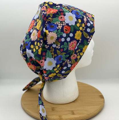 Navy blue vintage garden floral pixie scrub cap, navy floral women’s scrub cap, Bonnet Head Designs