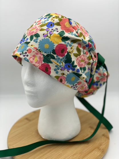 Rifle Paper fabric vintage garden floral scrub cap, modern cream floral women’s scrub cap, Bonnet Head Designs