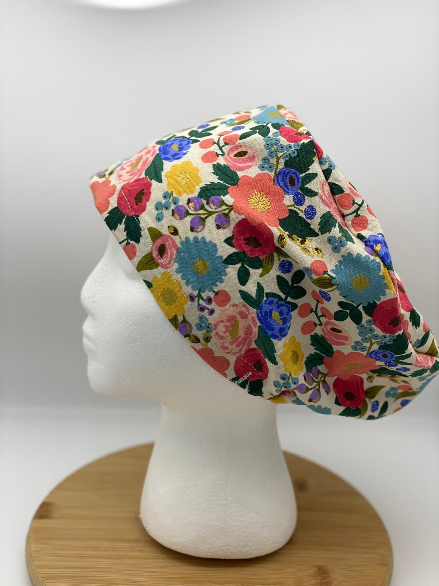 Garden fabric floral euro scrub cap, vintage floral women’s euro scrub cap, Bonnet Head Designs