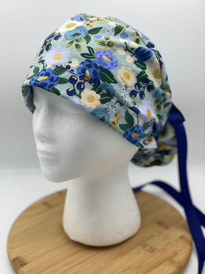 Blue and navy floral scrub cap, vintage garden floral women’s scrub cap, Bonnet Head Designs