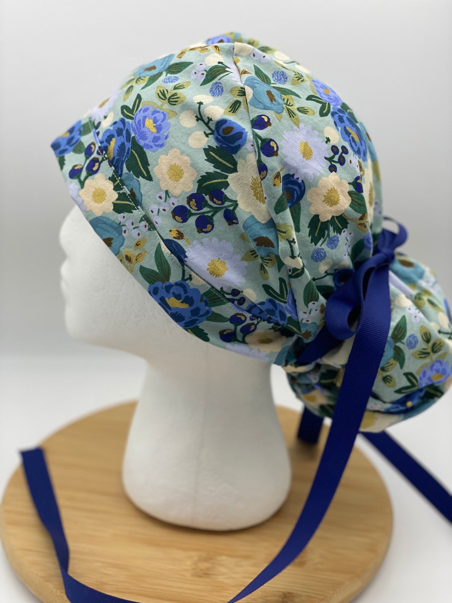 Blue and navy floral scrub cap, vintage garden floral women’s scrub cap, Bonnet Head Designs