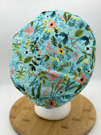 Teal amalfi euro style scrub cap, herb garden euro scrub cap, teal floral scrub cap euro, Bonnet Head Designs