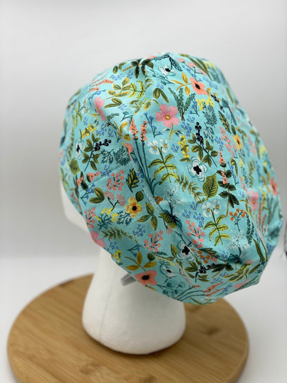 Teal amalfi euro style scrub cap, herb garden euro scrub cap, teal floral scrub cap euro, Bonnet Head Designs