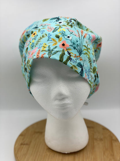 Teal amalfi euro style scrub cap, herb garden euro scrub cap, teal floral scrub cap euro, Bonnet Head Designs