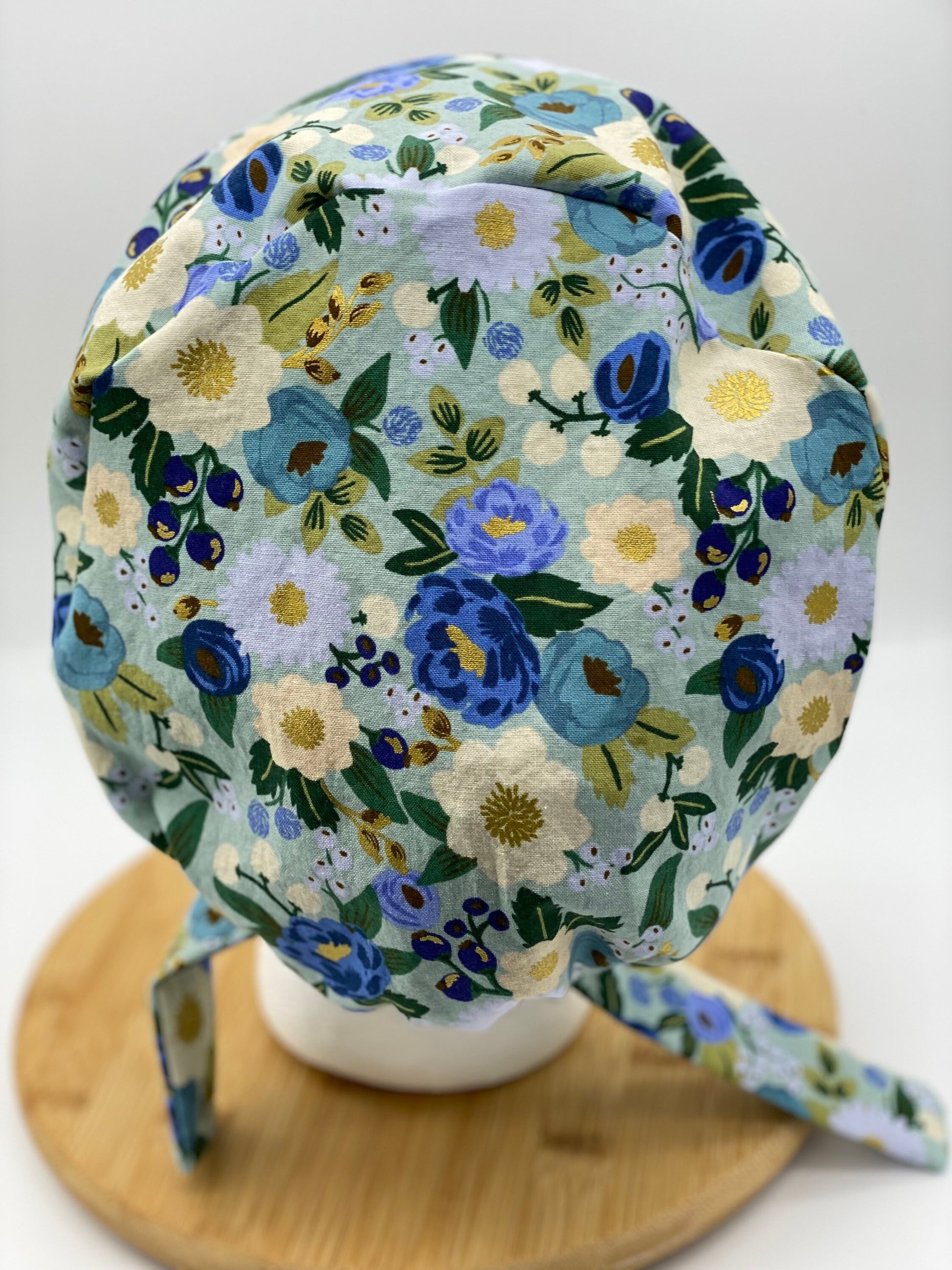 Rifle Paper Co vintage blossoms tie back scrub hat, modern blue floral scrub cap, tie-back scrub hat, Bonnet Head Designs