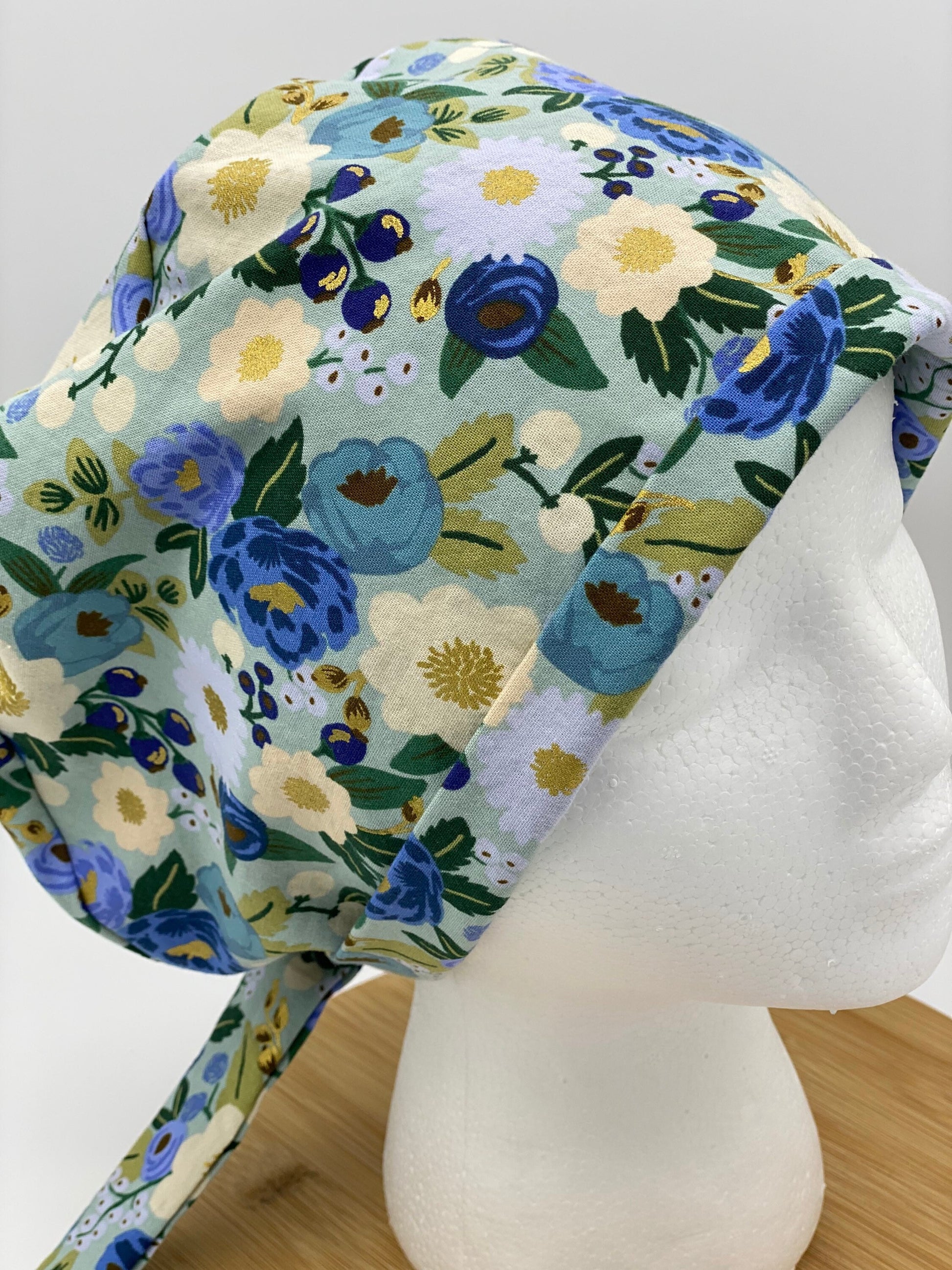 Rifle Paper Co vintage blossoms tie back scrub hat, modern blue floral scrub cap, tie-back scrub hat, Bonnet Head Designs