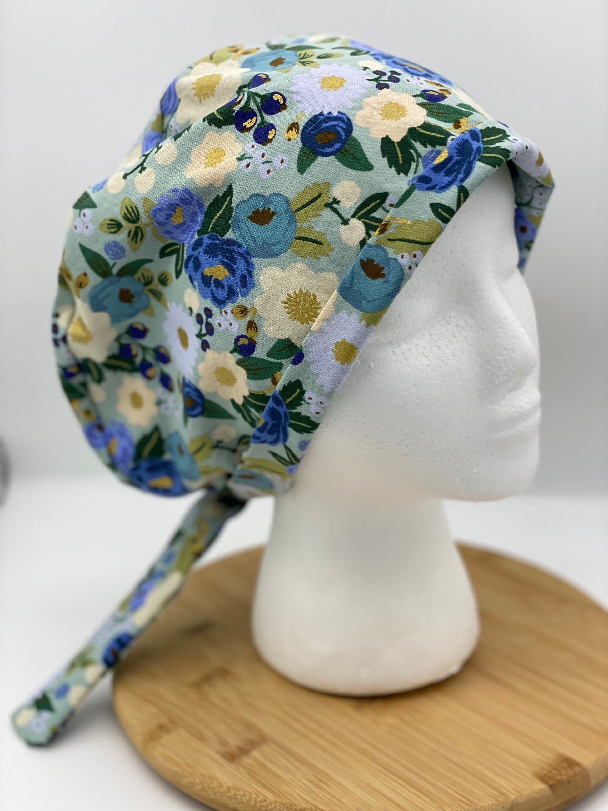 Rifle Paper Co vintage blossoms tie back scrub hat, modern blue floral scrub cap, tie-back scrub hat, Bonnet Head Designs