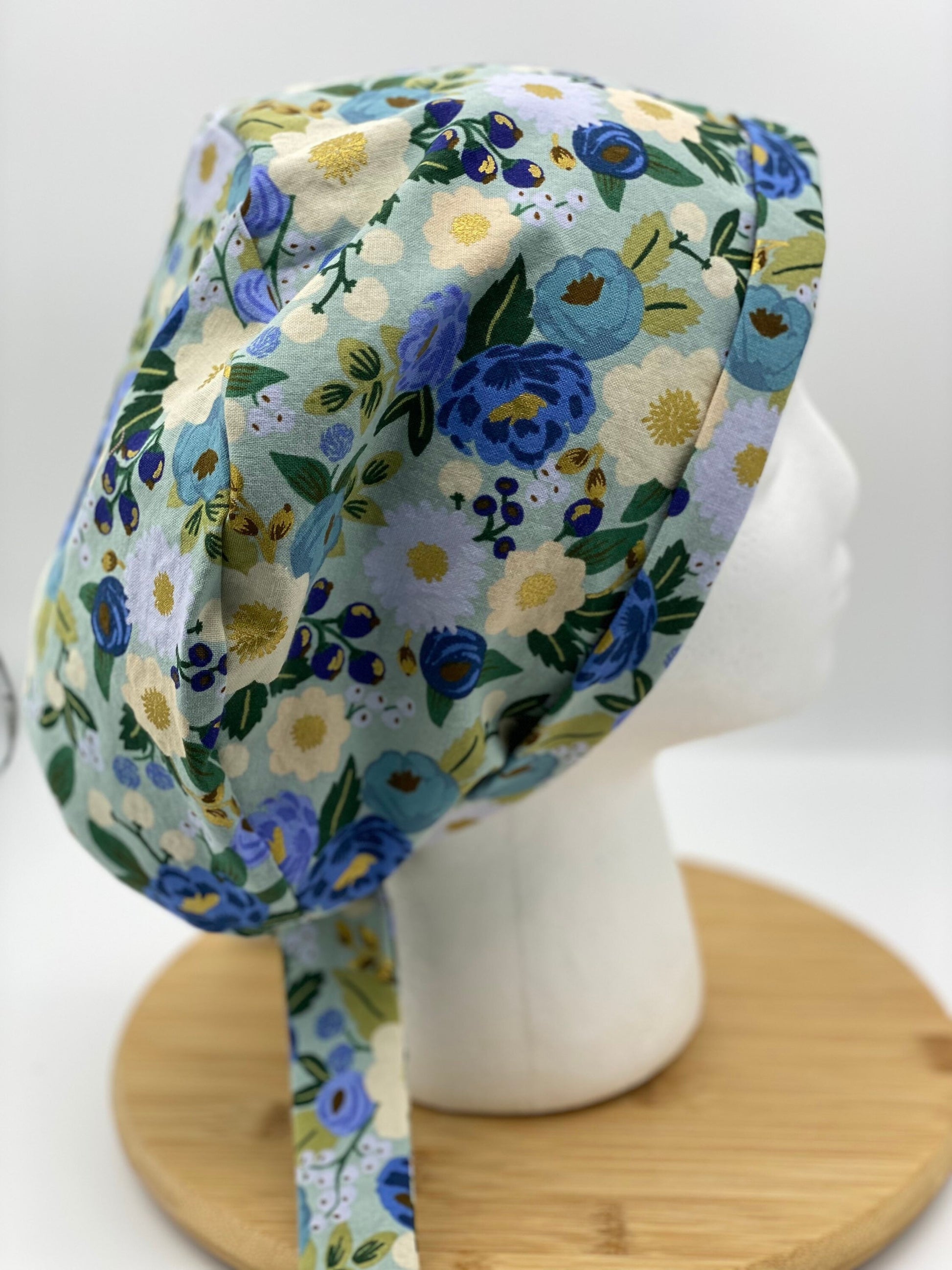 Rifle Paper Co vintage blossoms tie back scrub hat, modern blue floral scrub cap, tie-back scrub hat, Bonnet Head Designs