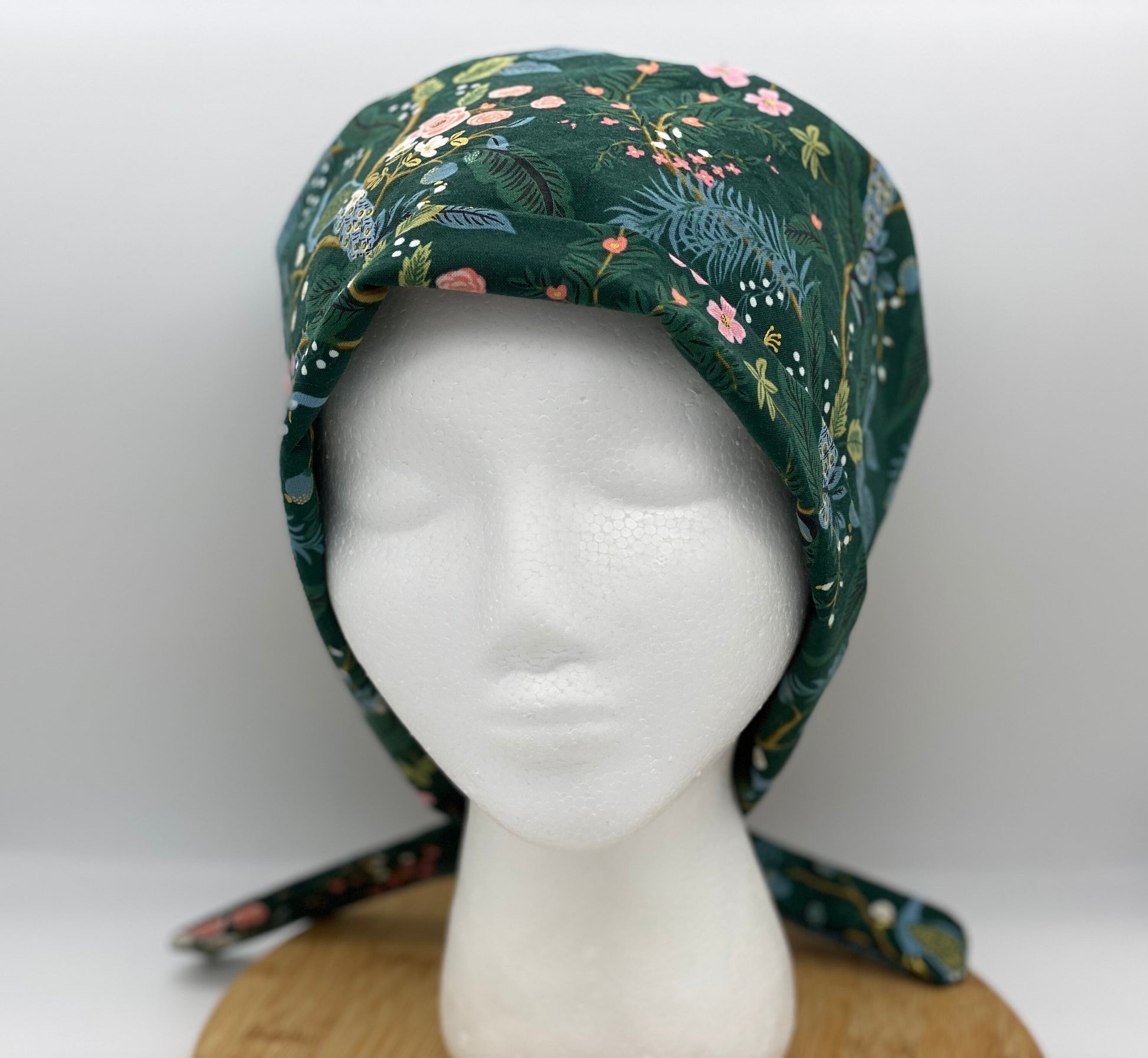 Peacock print tie back style scrub cap Rifle Paper Co vintage garden peacocks pixie scrub hat Bonnet Head Designs