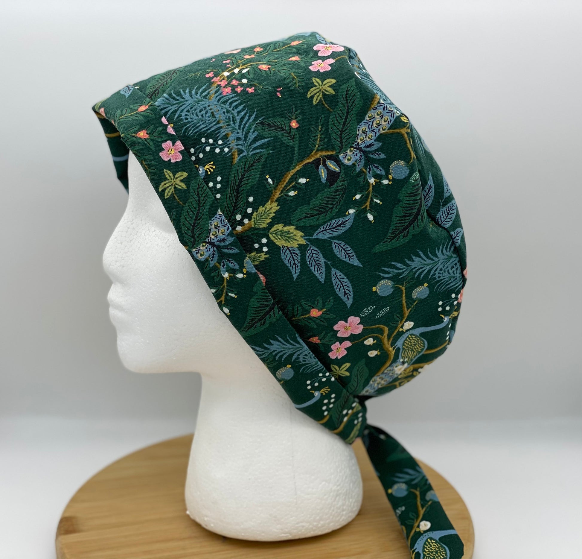 Peacock print tie back style scrub cap Rifle Paper Co vintage garden peacocks pixie scrub hat Bonnet Head Designs