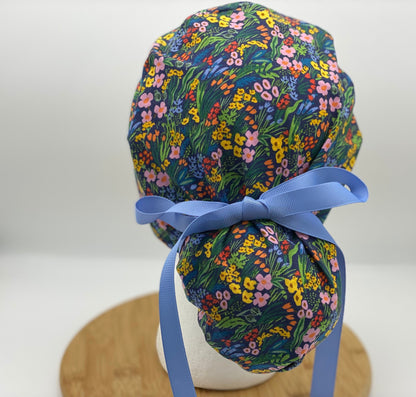 Navy floral meadow scrub cap, Bramble lea floral scrub cap, Navy floral scrub hat, Bonnet Head Designs