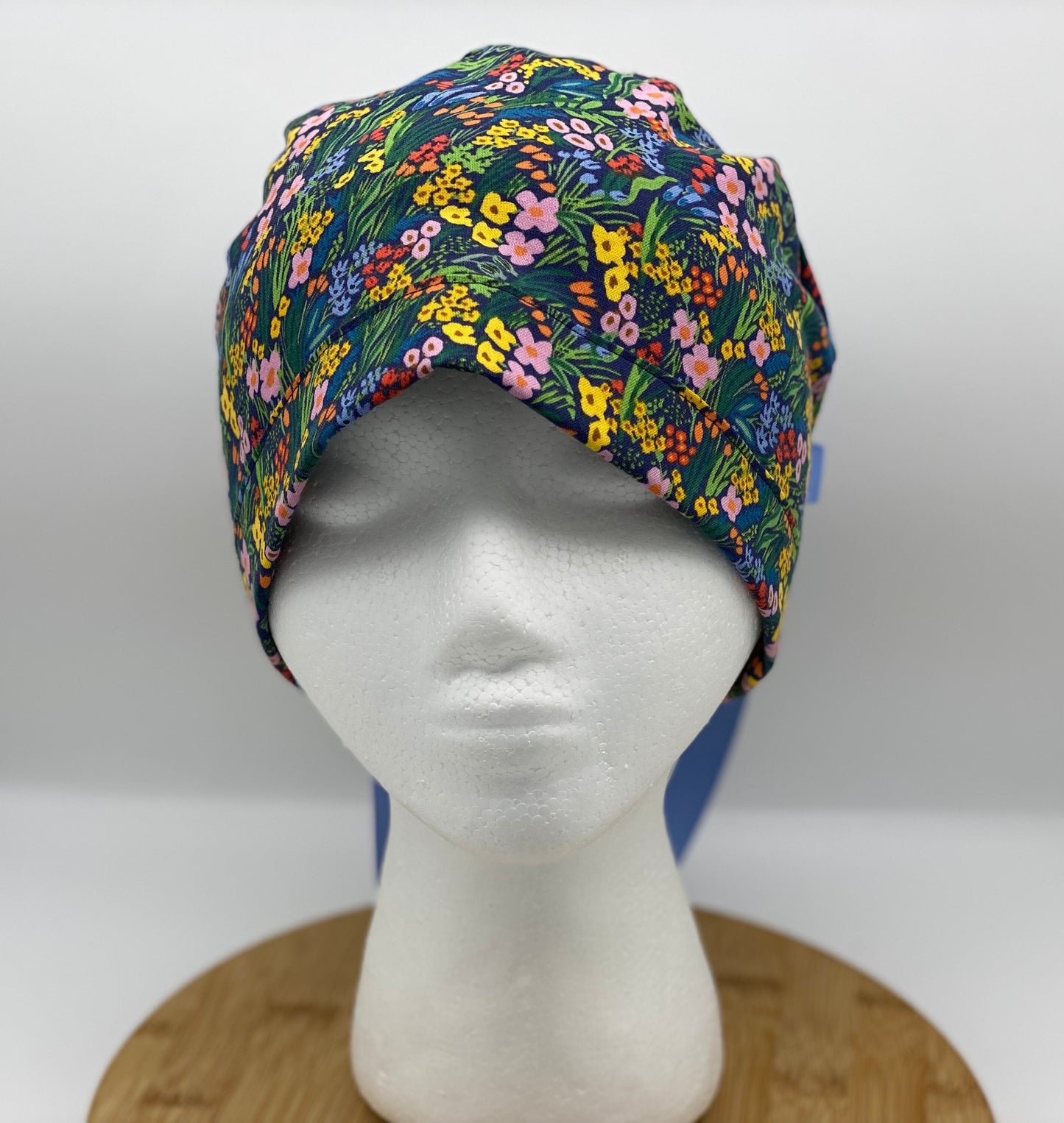 Navy floral meadow scrub cap, Bramble lea floral scrub cap, Navy floral scrub hat, Bonnet Head Designs