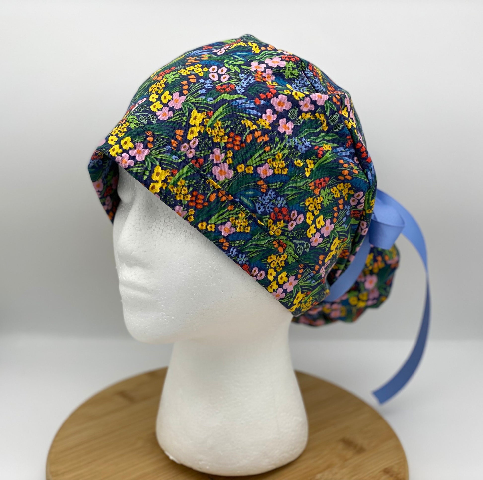 Navy floral meadow scrub cap, Bramble lea floral scrub cap, Navy floral scrub hat, Bonnet Head Designs