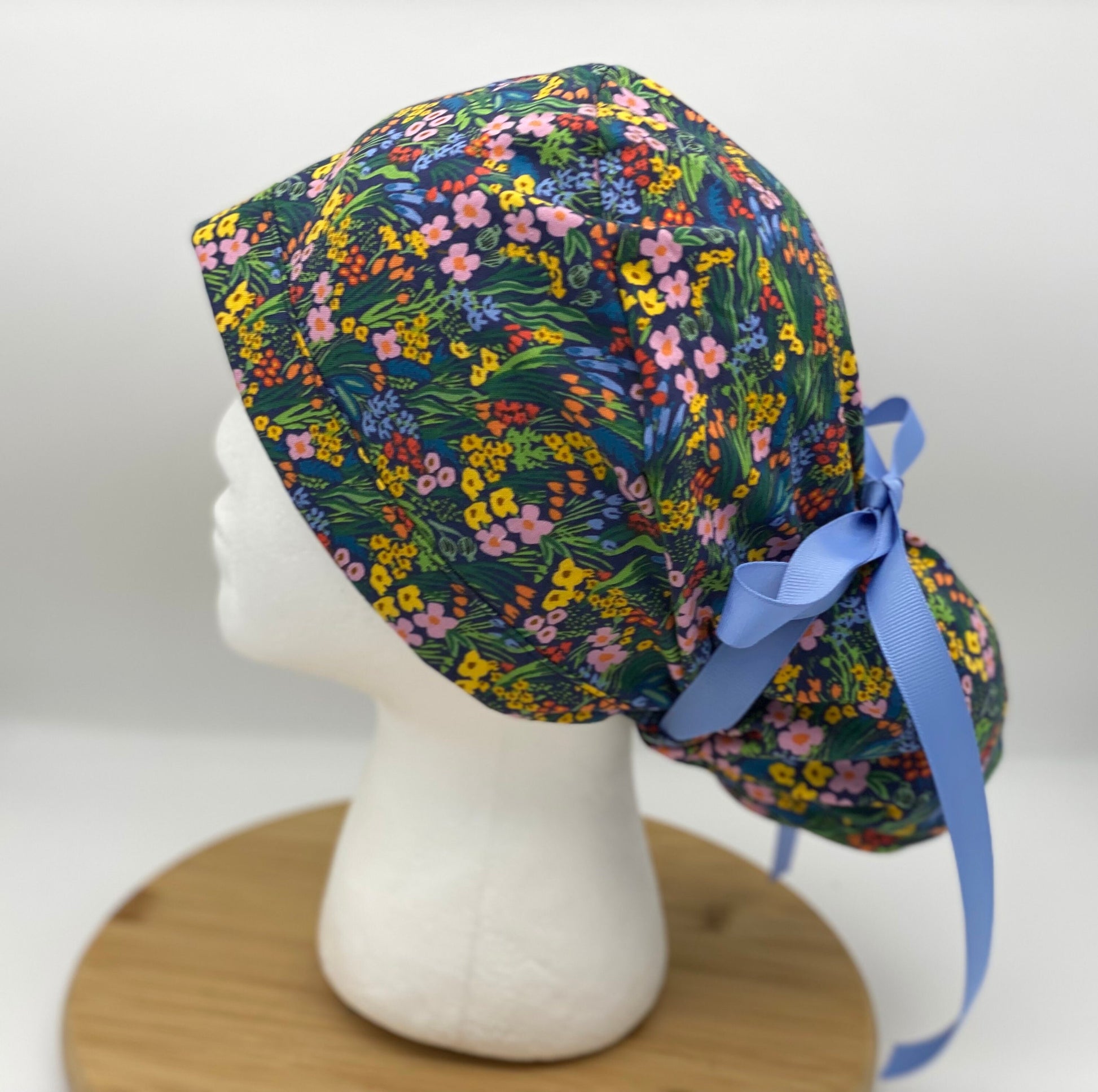 Navy floral meadow scrub cap, Bramble lea floral scrub cap, Navy floral scrub hat, Bonnet Head Designs