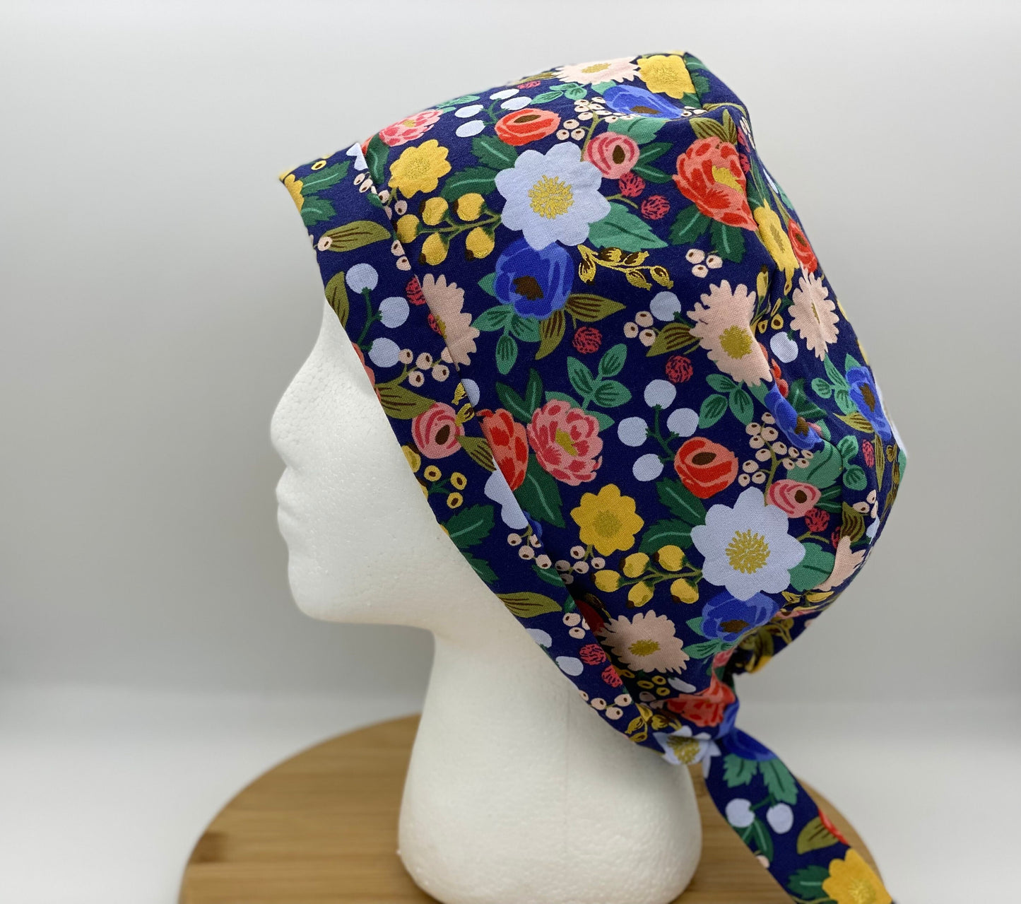 Navy blue vintage garden floral pixie scrub cap, navy floral women’s scrub cap, Bonnet Head Designs