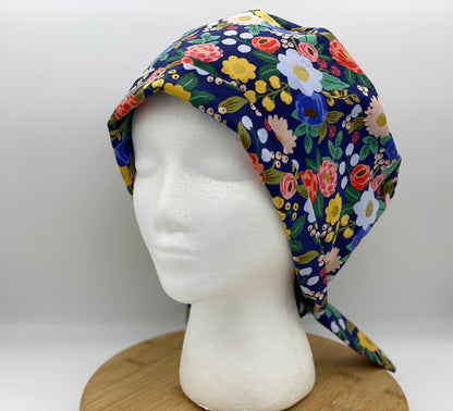 Navy blue vintage garden floral pixie scrub cap, navy floral women’s scrub cap, Bonnet Head Designs