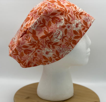 Peach floral euro scrub cap, womens peach euro style scrub hat, Bonnet Head Designs