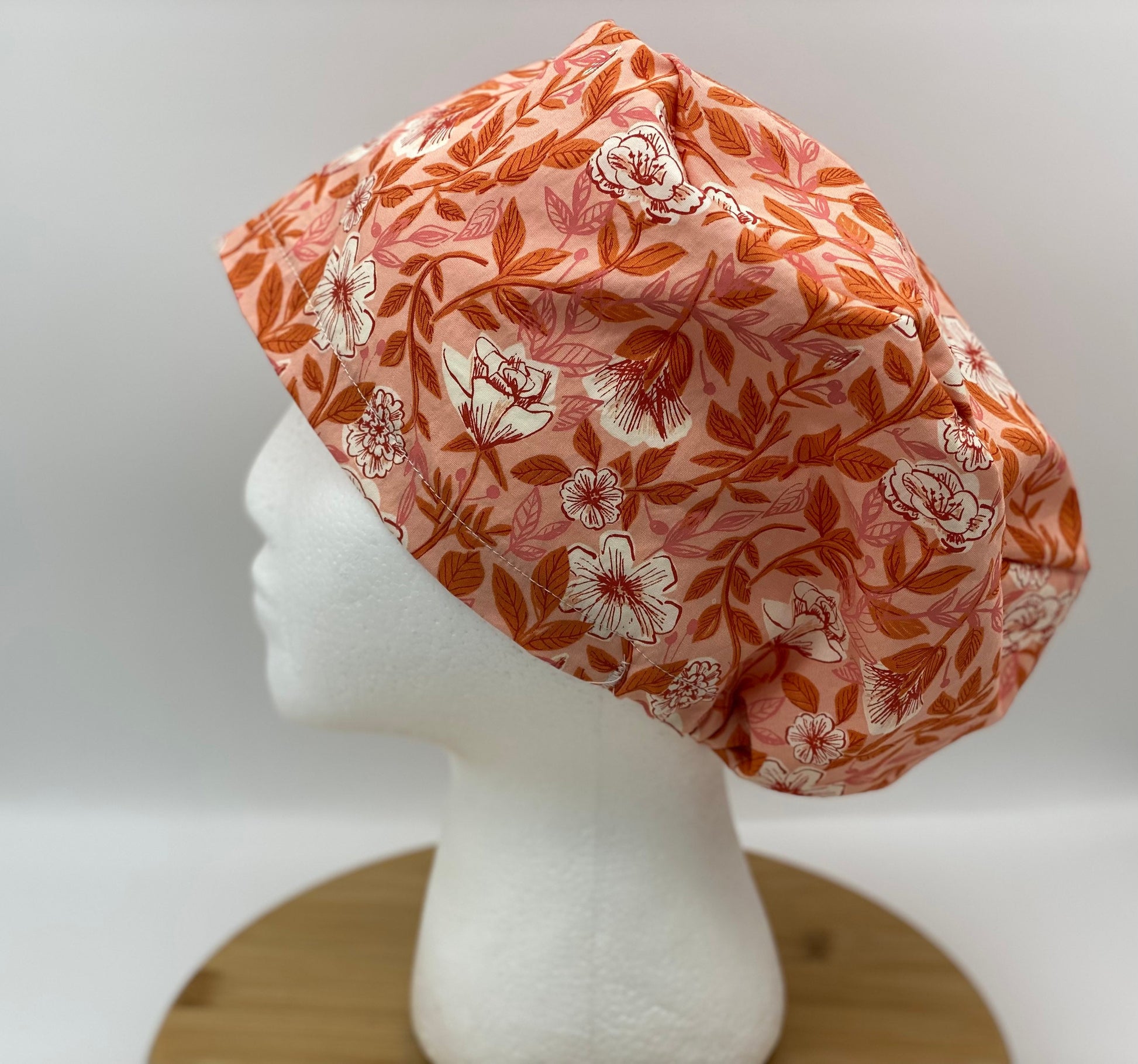 Peach floral euro scrub cap, womens peach euro style scrub hat, Bonnet Head Designs