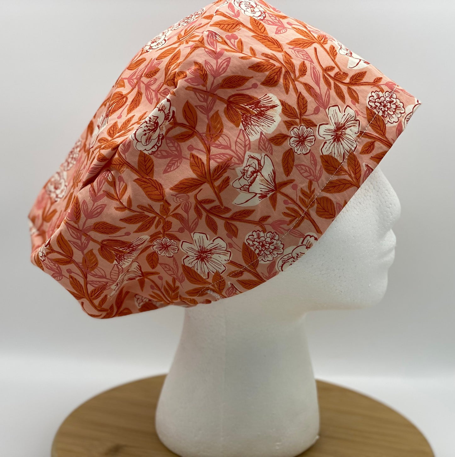 Peach floral euro scrub cap, womens peach euro style scrub hat, Bonnet Head Designs