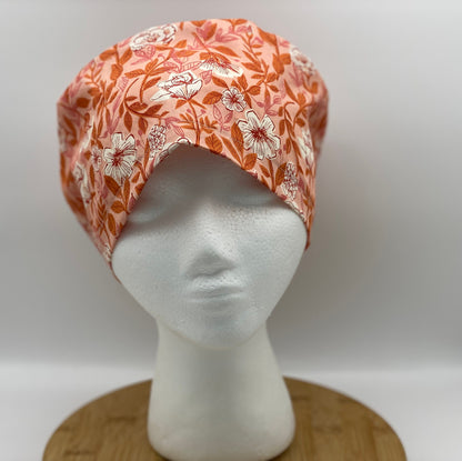 Peach floral euro scrub cap, womens peach euro style scrub hat, Bonnet Head Designs