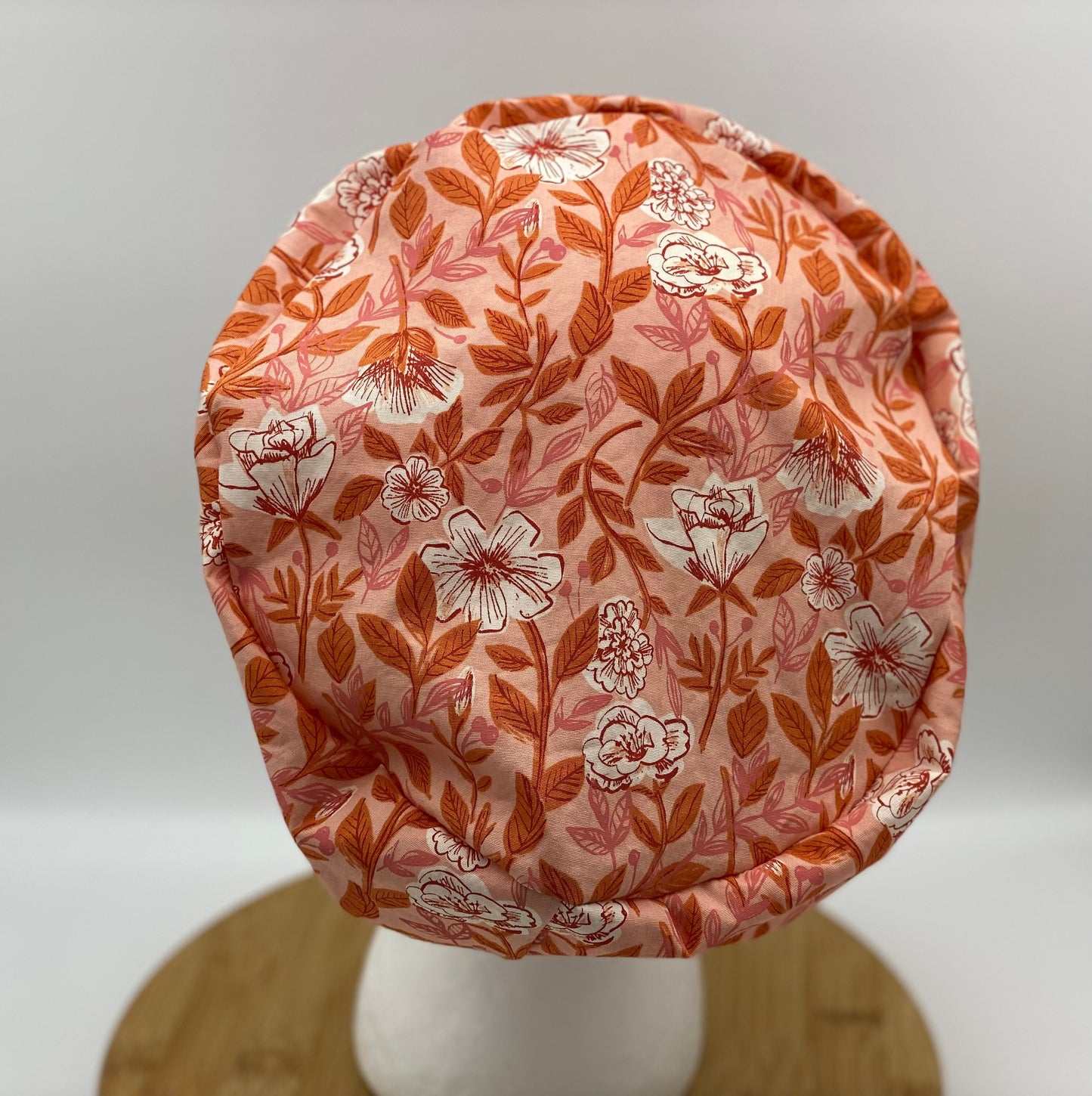 Peach floral euro scrub cap, womens peach euro style scrub hat, Bonnet Head Designs