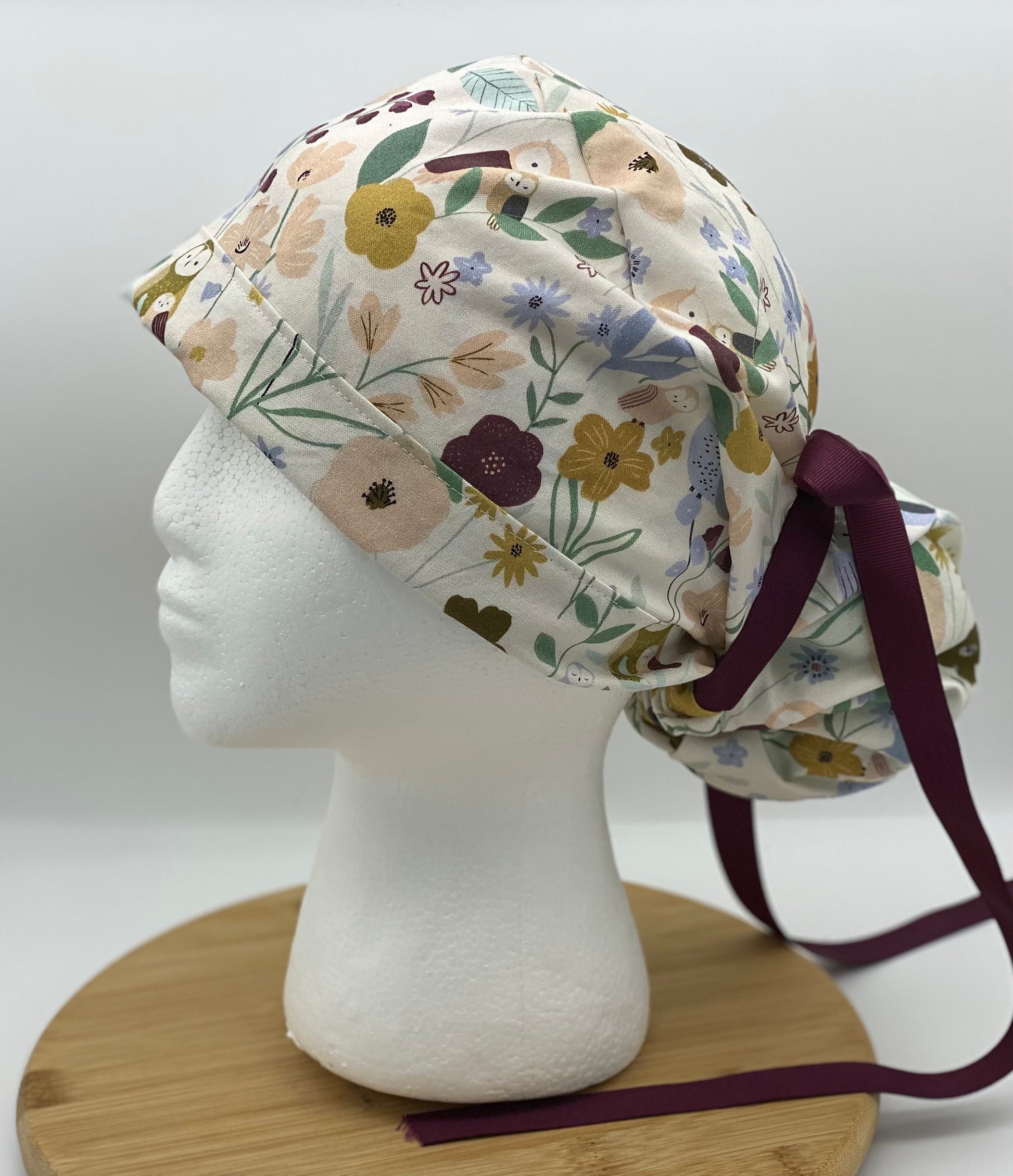 Owl ponytail scrub cap, women’s owl scrub hat, Bonnet Head Designs