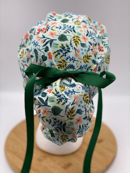 Rifle Paper Co mint metallic fabric scrub cap, mint floral scrub hat, ponytail scrub cap mint green floral, Bonnet Head Designs