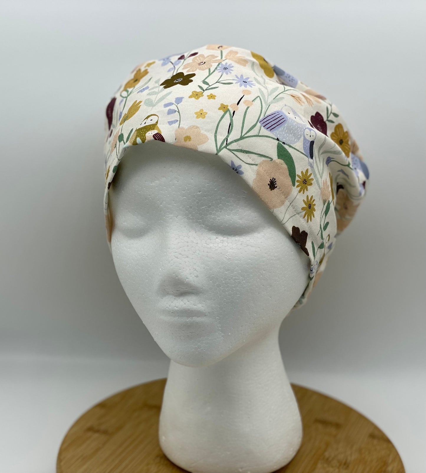 Owl print euro style scrub cap