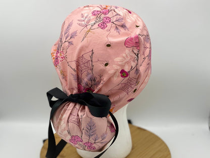 Pink Halloween floral scrub cap, women’s Halloween scrub hat