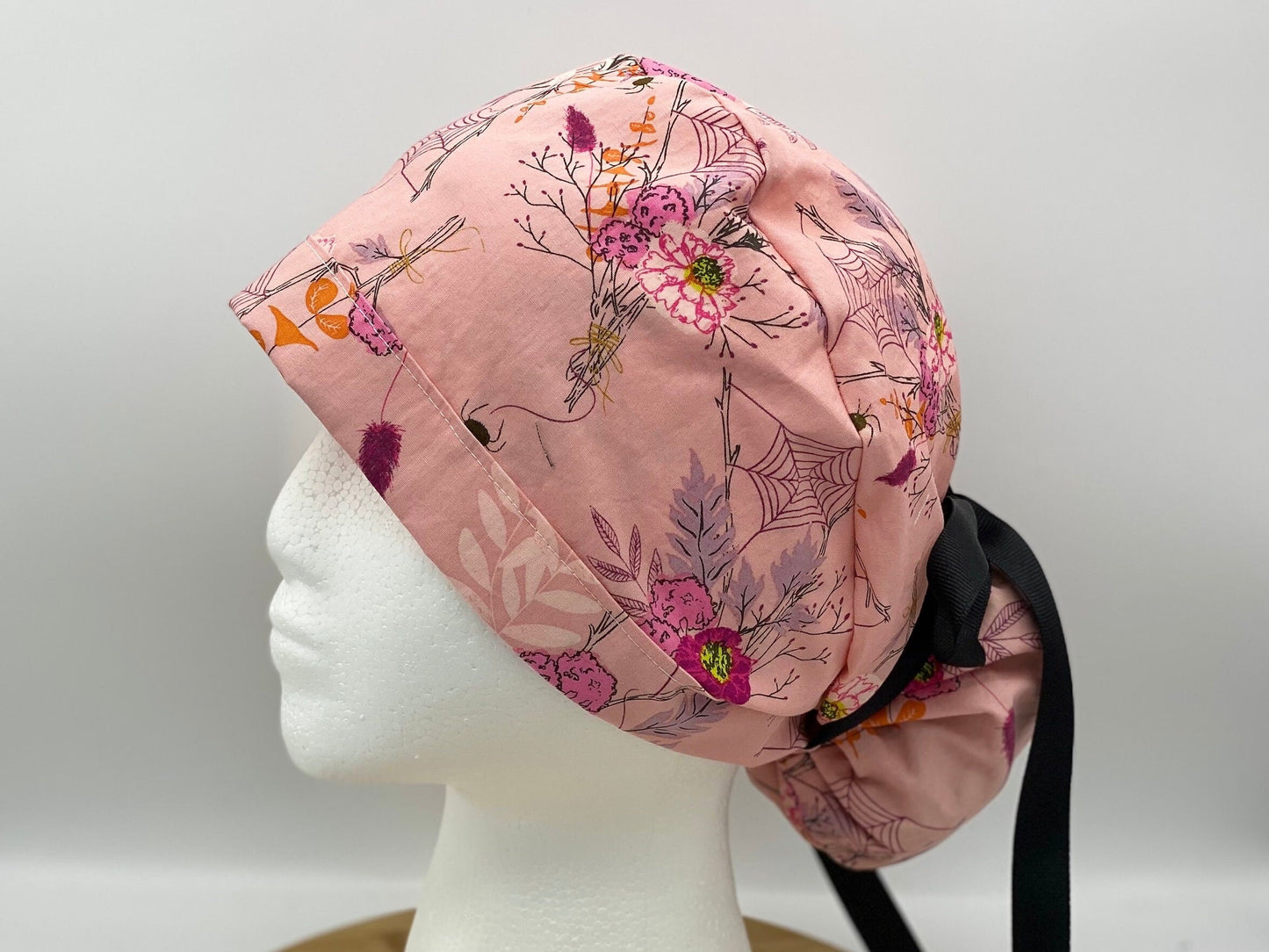 Pink Halloween floral scrub cap, women’s Halloween scrub hat