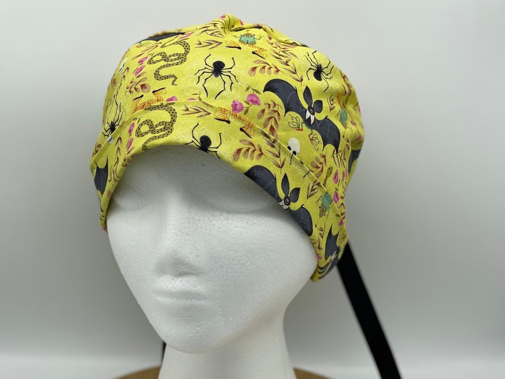 Halloween ponytail women’s scrub cap, green bat print Halloween scrub hat, adjustable pouch women’s scrub hat